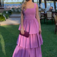 A Line Purple Prom Dresses,Tiered Stretch Satin Evening Dress Y4056