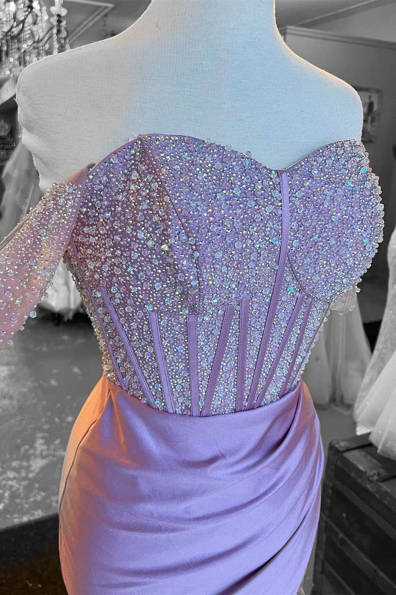 Lilac Beaded Off-the-Shoulder Long Formal Dress with Slit Y4278