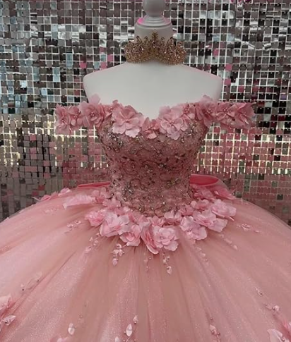 Pink Off Shoulder Ball Gown Quinceanera Dresses 3D Appliques Corset Dress Y6791