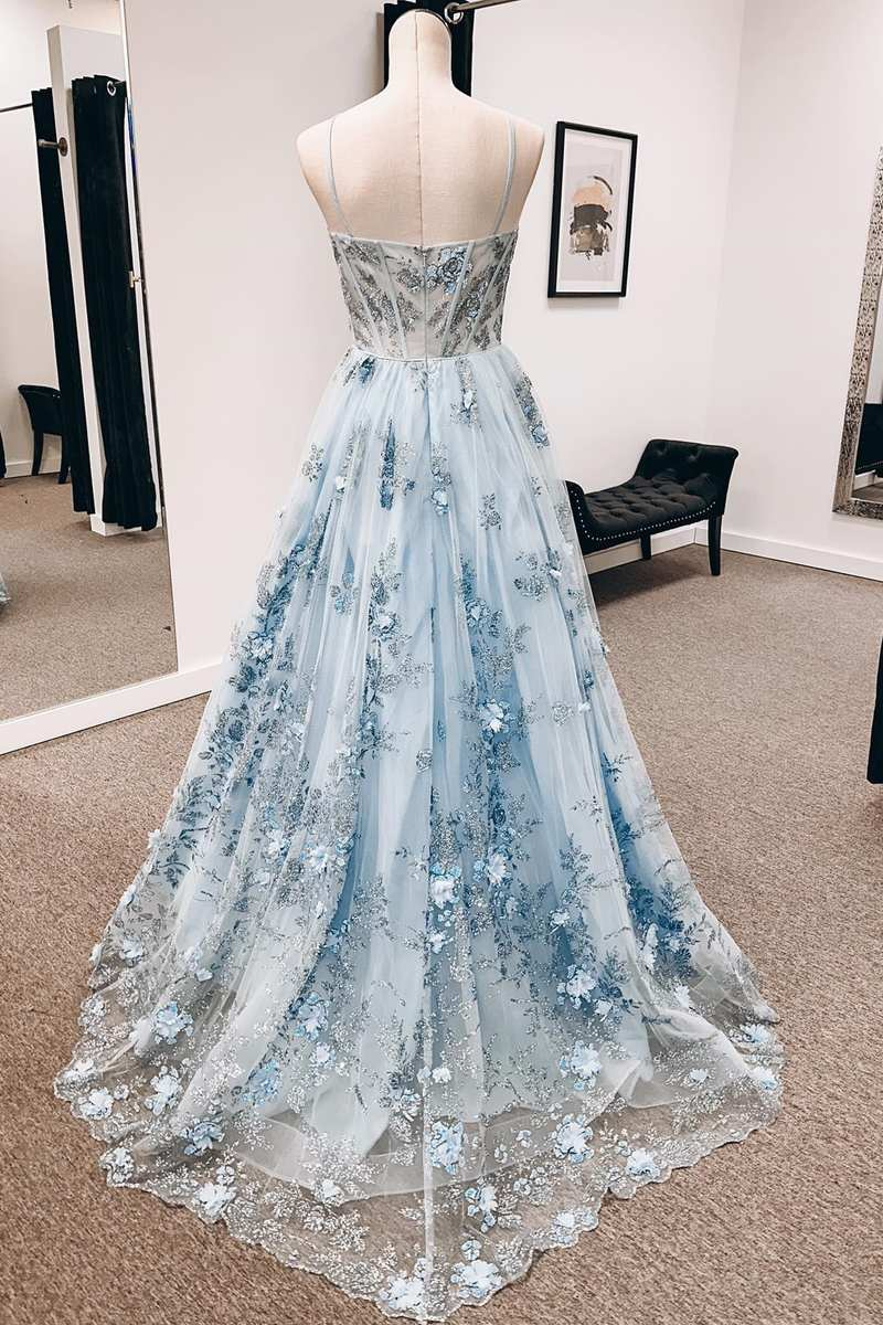 Blue 3D Floral Lace Sweetheart A-Line Long Prom Dress Y3099