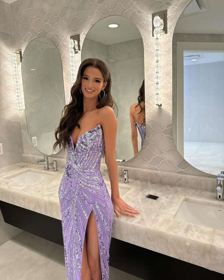 Lavender V Neck Sheath Slit Long Prom Evening Dress Y7898