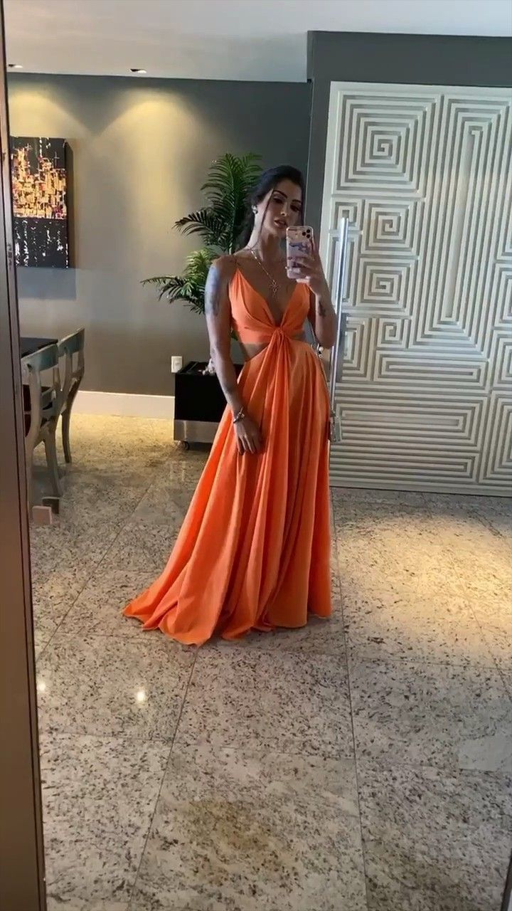 Orange Deep V-neck Sexy A-line Long Prom Dresses Y5296