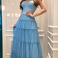 Light Blue Spaghetti Straps Tulle Tiered Prom Dress Y2743