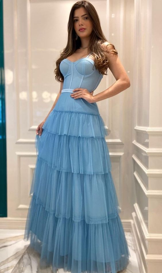Light Blue Spaghetti Straps Tulle Tiered Prom Dress Y2743