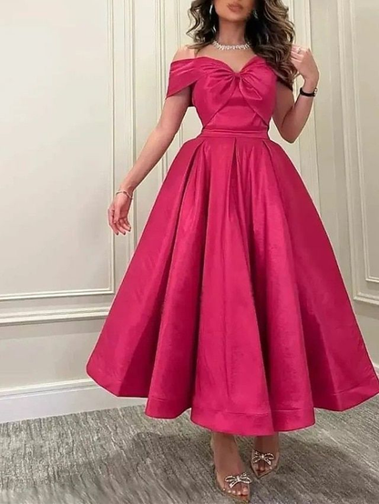 A-Line Prom Dress Elegant Wedding Guest Dress Summer Ankle Length Sleeveless Off Shoulder Satin with Pleats Y4973