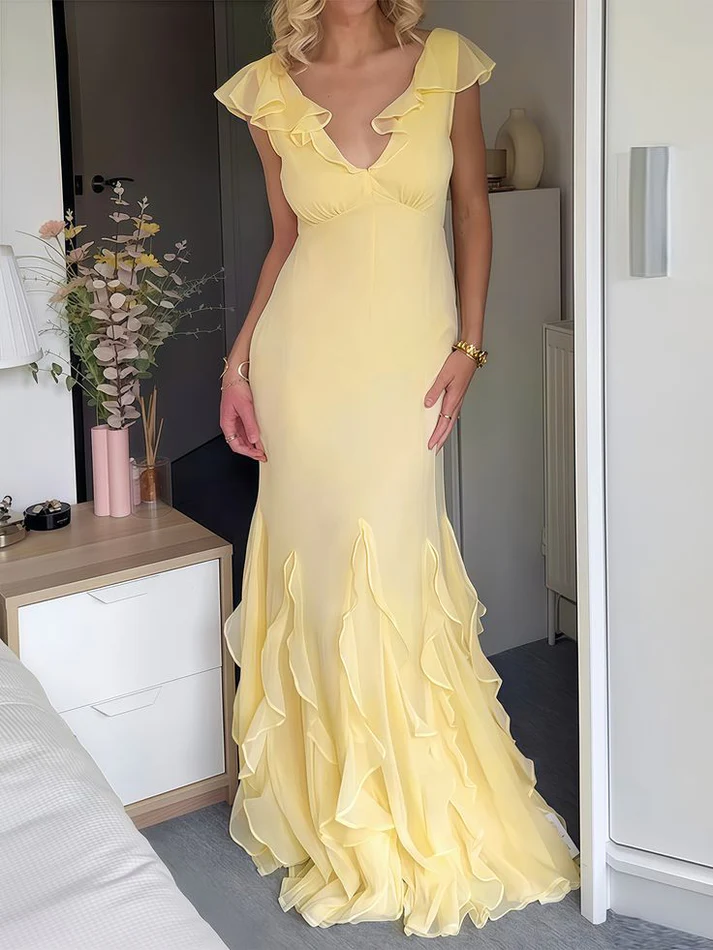 Elegant Yellow Chiffon Mermaid Ruffle Evening Dress,Long Evening Gown Y8073