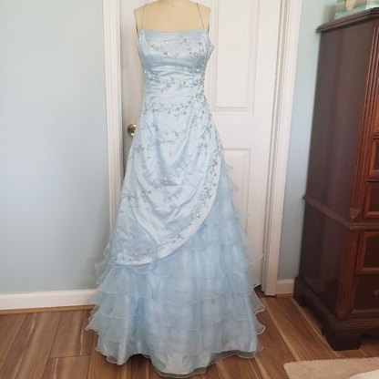 Elegant Ice Blue Sequins Beaded Ball Gown,Tulle Layered A Line Prom Dress Y7931