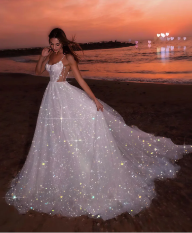 Glitter White Sequin Tulle Prom Evening Dress, A-line Sleeveless Beach Long Wedding Gown Y8011