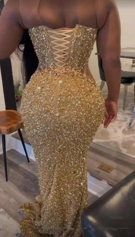 Luxurious Gold Sequins Appliques Evening Dress Mermaid Prom Dress  Y7880