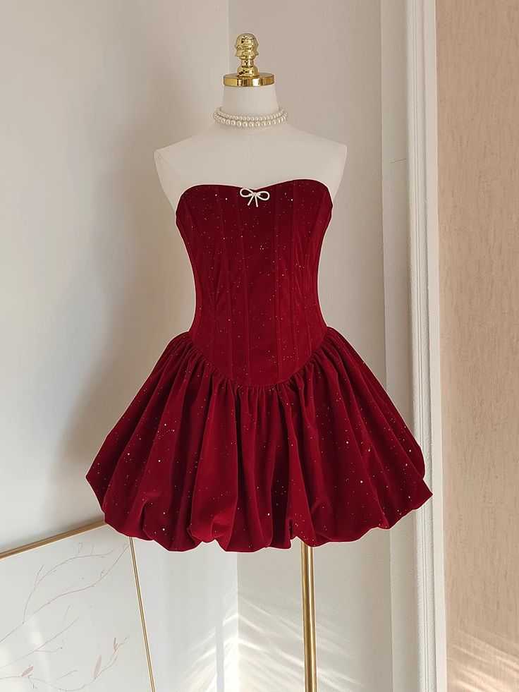 Cute A Line Strapless Burgundy Velvet Ruffles Homecoming Dress Y7972