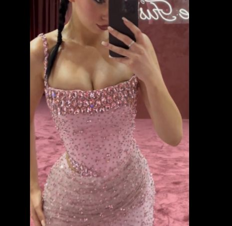 Charming Pink Mermaid Beaded Evening Gown Spaghetti Straps Slit Long Prom Party Dress Y7970