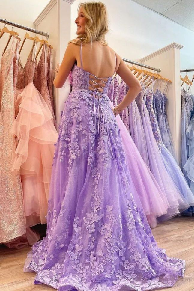 Pretty Lavender Spaghetti Straps A-Line 3D Lace Floral Long Prom Dress A Line Evening Dress Y7935