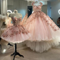 Blush Pink Flowers Applique Ball Gown,A Line Tulle Prom Dresses,Quinceanera Dresses Y388
