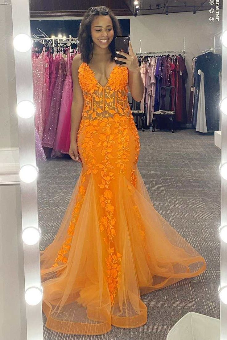 Orange Appliques V-Neck Backless Mermaid Long Prom Dress Y6697