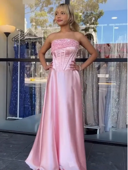 Pink Strapless Beaded Satin Formal Mermaid Prom Evening Dress Y7866