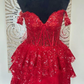 Red Off the Shoulder Sheer Corset Tiered Ruffles Homecoming Dress Y2822
