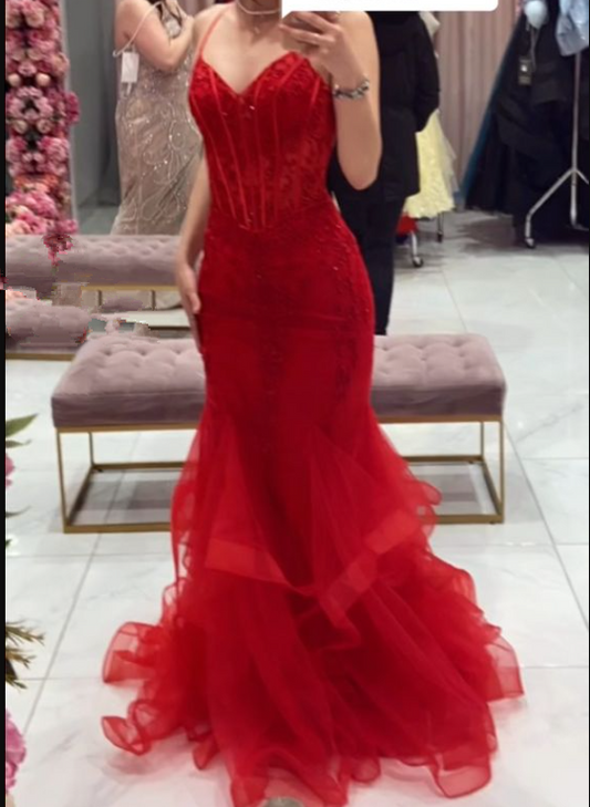 Charming Red Mermaid Evening Dress,Red Pageant Dress Y5954