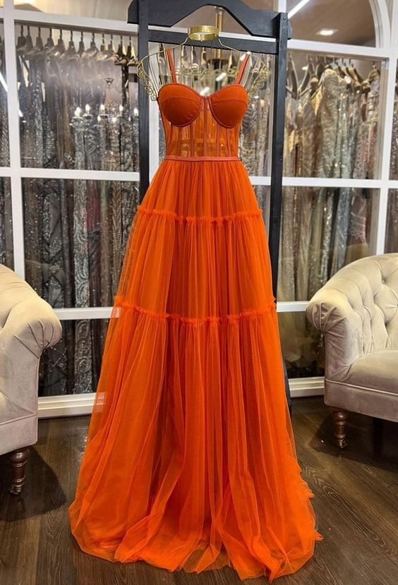 A-line Burnt Orange Spaghetti Straps Modest Formal Long Women Evening Prom Dresses Y4815