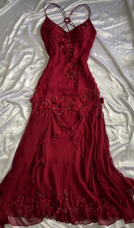 Charming Red Beaded Appliques Prom Dress Long Chiffon Evening Dress Y7732