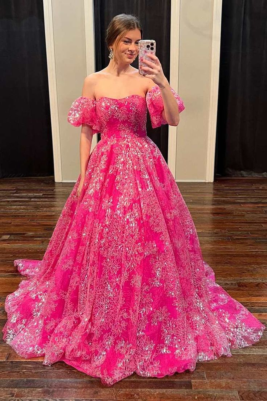 Hot Pink Floral Lace Strapless Ball Gown with Puff Sleeves Y5981