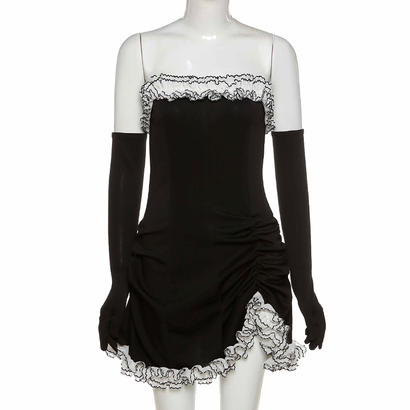 Black Party Tube Skirt Irregular White Ruffle Bandage Dress,Black Homecoming Dress Y2617