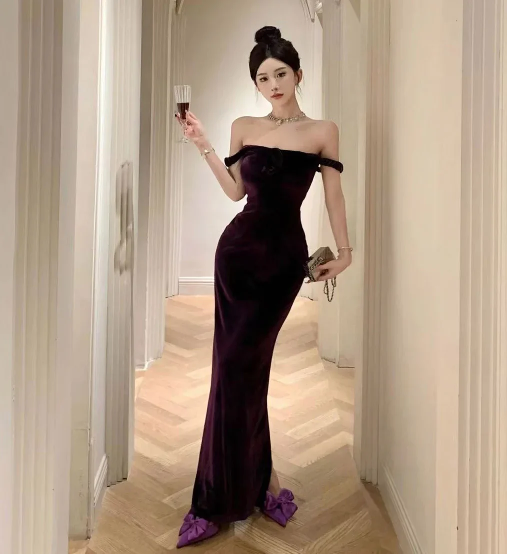 Elegant Velvet Long Sheath Prom Dress Purple Off Shoulder Slit Party Evening Gown Y8131