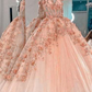 Blush Pink Flowers Applique Ball Gown,A Line Tulle Prom Dresses,Quinceanera Dresses Y388