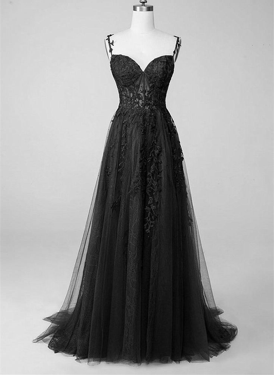 Black Tulle With Lace Straps A-line Prom Dress, Black Long Party Dress Y6139