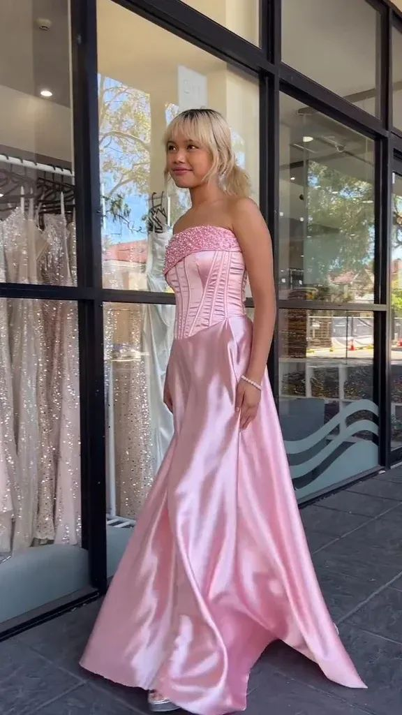 Pink Strapless Beaded Satin Formal Mermaid Prom Evening Dress Y7866