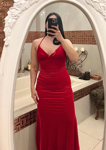 Sexy Red Spaghetti Straps Red Velvet Evening Dress Mermaid Prom Dress Y7816