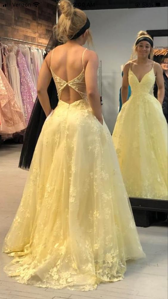 Yellow Lace Prom Dress Long, Formal Dress, Dance Dresses, Graduation School Party Gown Y7310