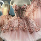 Blush Pink Flowers Applique Ball Gown,A Line Tulle Prom Dresses,Quinceanera Dresses Y388