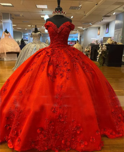 Luxurious Red 3D Flowers Ball Gown,Sweet 16 Dress,Quinceanera Dress  Y5321