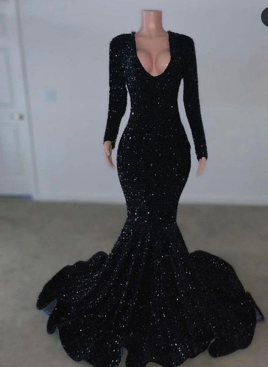 Black Sequins Long Sleeves Mermaid Evening Dress,Black Reception Dress Y5987