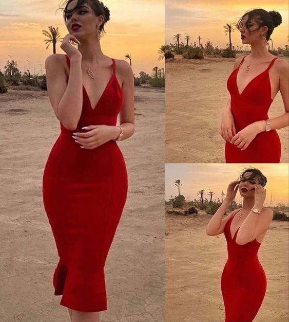 Sexy Red Prom Dress,Midi Sheath Evening Dresses Y4129
