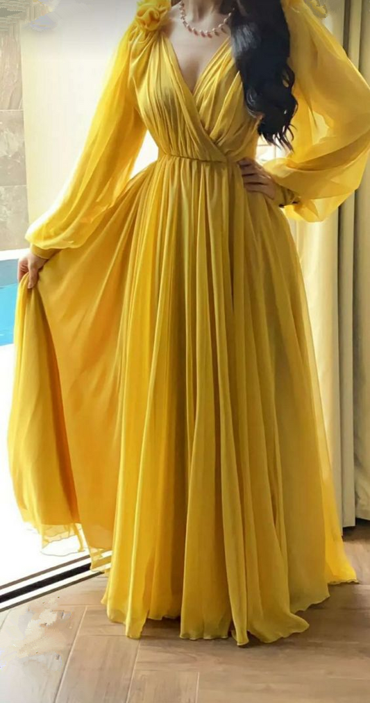 Yellow A-line V Neck Long Sleeves Prom Dress,Yellow Wedding Guest Outfit Y5792