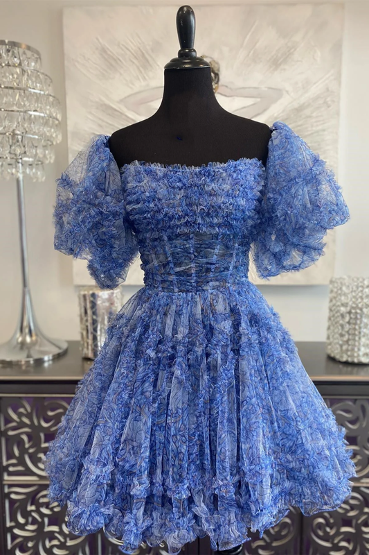 Blue Puff Sleeves Ruffles A-line Prints Homecoming Dress Y2714
