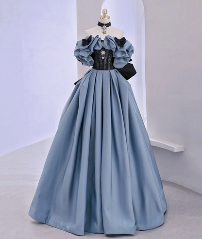 Off Shoulder Satin Lace Long Prom Dress, Blue Evening Dress Y2619