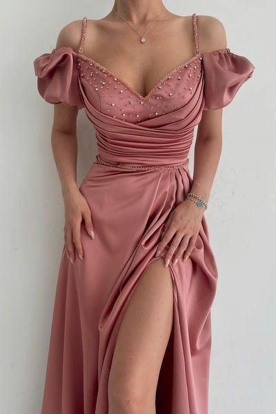 Elegant Dusty Rose Off-the-shoulder A-line Prom Dress With Slit Y4829