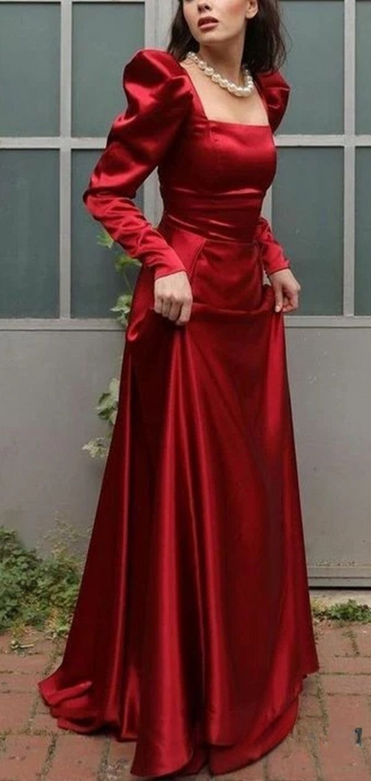 Elegant Square Neck Red Satin A Line Prom Evening Dress Y7855