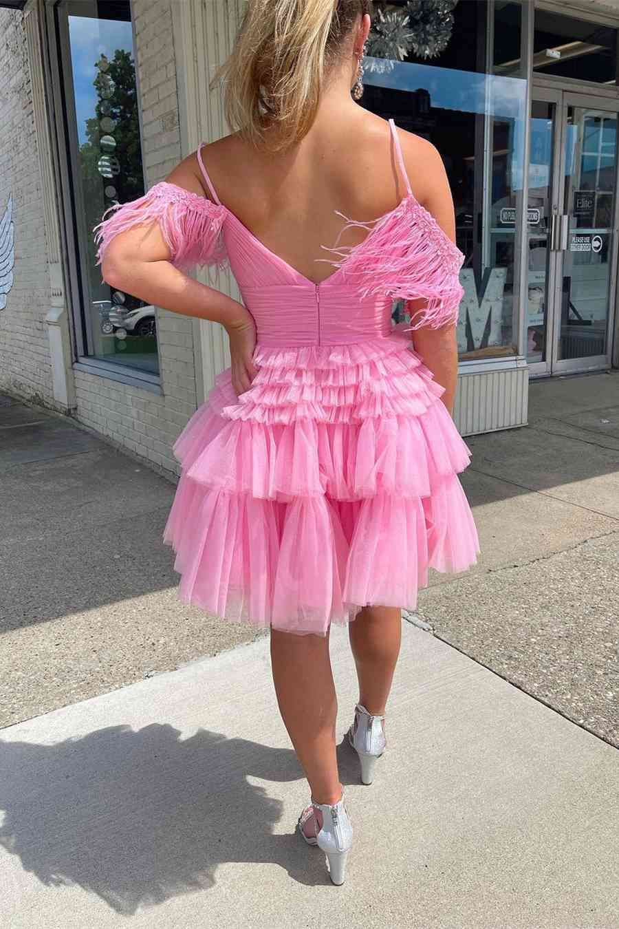 Pleated Hot Pink Cold Sleeves Tiered Tulle Party Dress,Short Homecoming Dress Y1955