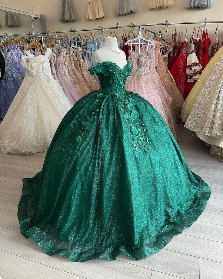 Off The Shoulder Green Ball Gown With Flowers Sweet 16 Dress Y4436