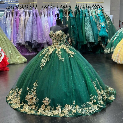 Glitter Sweetheart Green Tulle and Gold Appliques Ball Gown Sweet 16 Dress Princess Dress Y4304