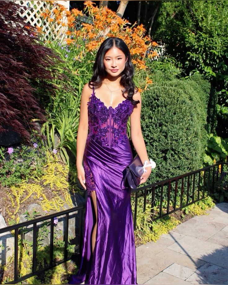 Gorgeous Purple Satin Lace Appliques Evening Dress,Slit Mermaid Prom Dress Y8112