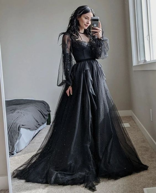 Elegant A line Long Black Lace Prom Dress Y7360