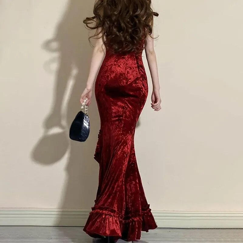 Vintage Elegant Women Spaghetti Strap Sexy Prom Dress Bodycon Slim Red Dinner Party Long Dress Y4521