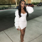 Women Sexy Wrap Dress White Long Puff Sleeve Ruched Bodycon Dress,White Homecoming Dress  Y2165