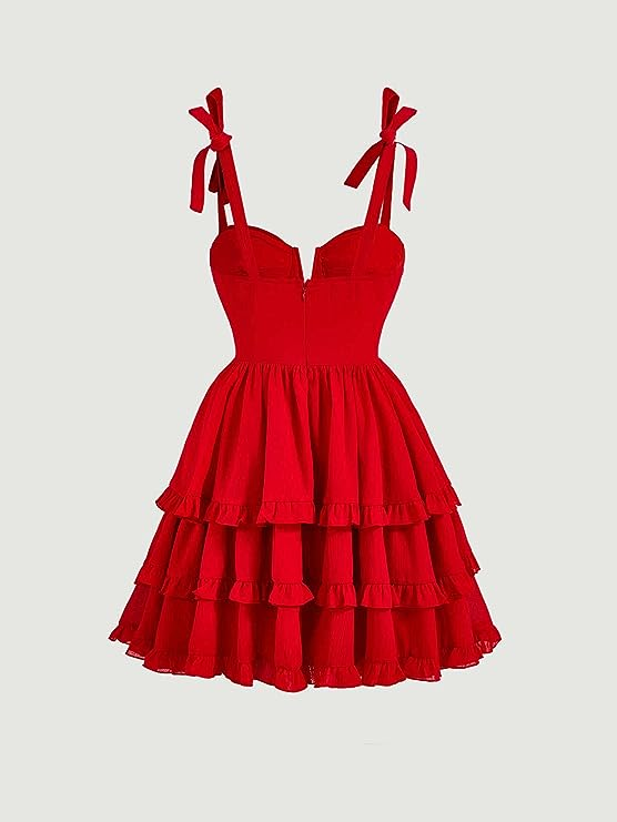 Red A-line Tie Shoulder Ruffle Hem Homecoming Dress  Y2720