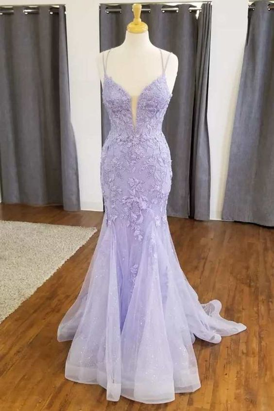 Mermaid Lavender Floral Lace Straps Long Prom Dress Y6757