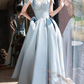 Blue V Neck Satin Long Prom Dress, Blue Satin Evening Dresses Y4780